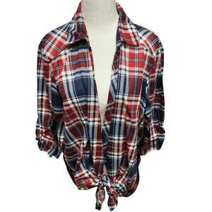Women's Plaid Open Front Top With Semi Sheer Print Back Ruched Sleeves